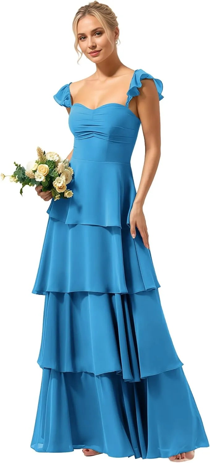 Tiered Ruffles Spaghetti Straps Bridesmaid Dresses 2025 for Women Chiffon Formal Evening Dresses NO146