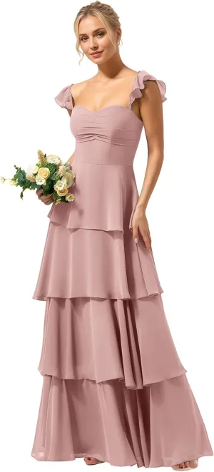 Tiered Ruffles Spaghetti Straps Bridesmaid Dresses 2025 for Women Chiffon Formal Evening Dresses NO146