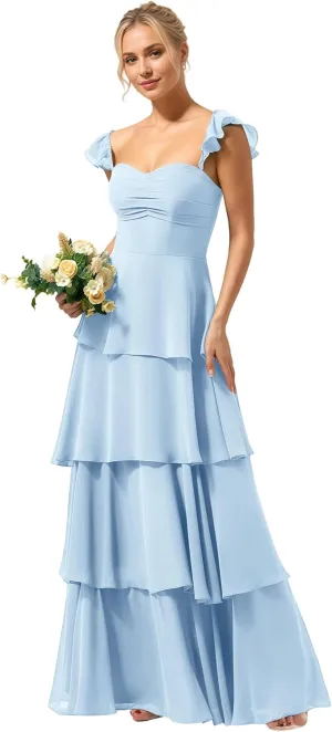 Tiered Ruffles Spaghetti Straps Bridesmaid Dresses 2025 for Women Chiffon Formal Evening Dresses NO146
