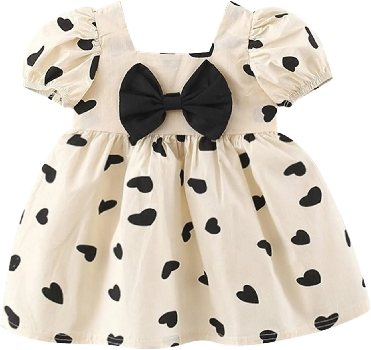 Toddler Baby Girls Short Sleeve Dress Heart Print Bow Ruffle Mini Dresses Kids Princess Casual Party Summer Dress Gifts