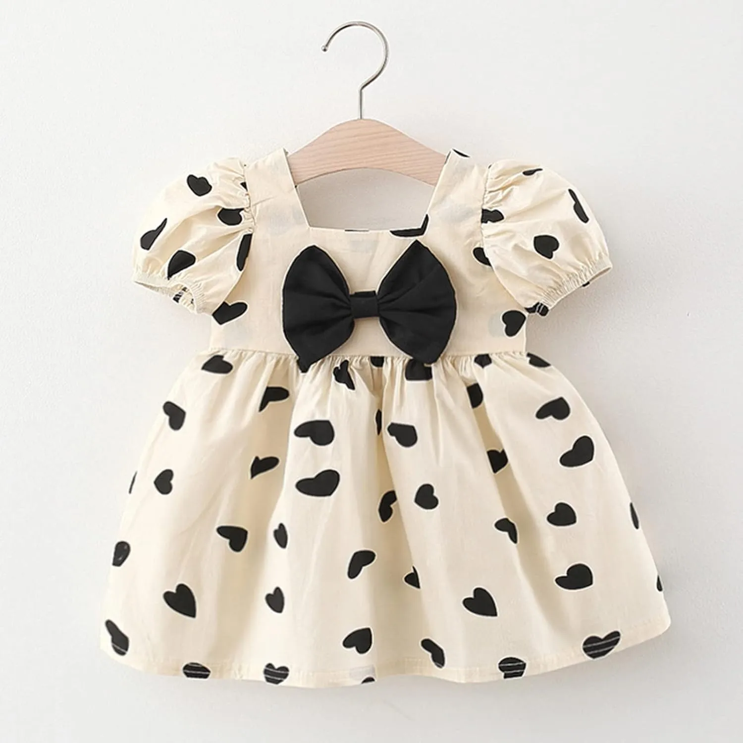 Toddler Baby Girls Short Sleeve Dress Heart Print Bow Ruffle Mini Dresses Kids Princess Casual Party Summer Dress Gifts
