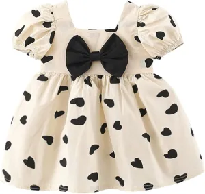 Toddler Baby Girls Short Sleeve Dress Heart Print Bow Ruffle Mini Dresses Kids Princess Casual Party Summer Dress Gifts
