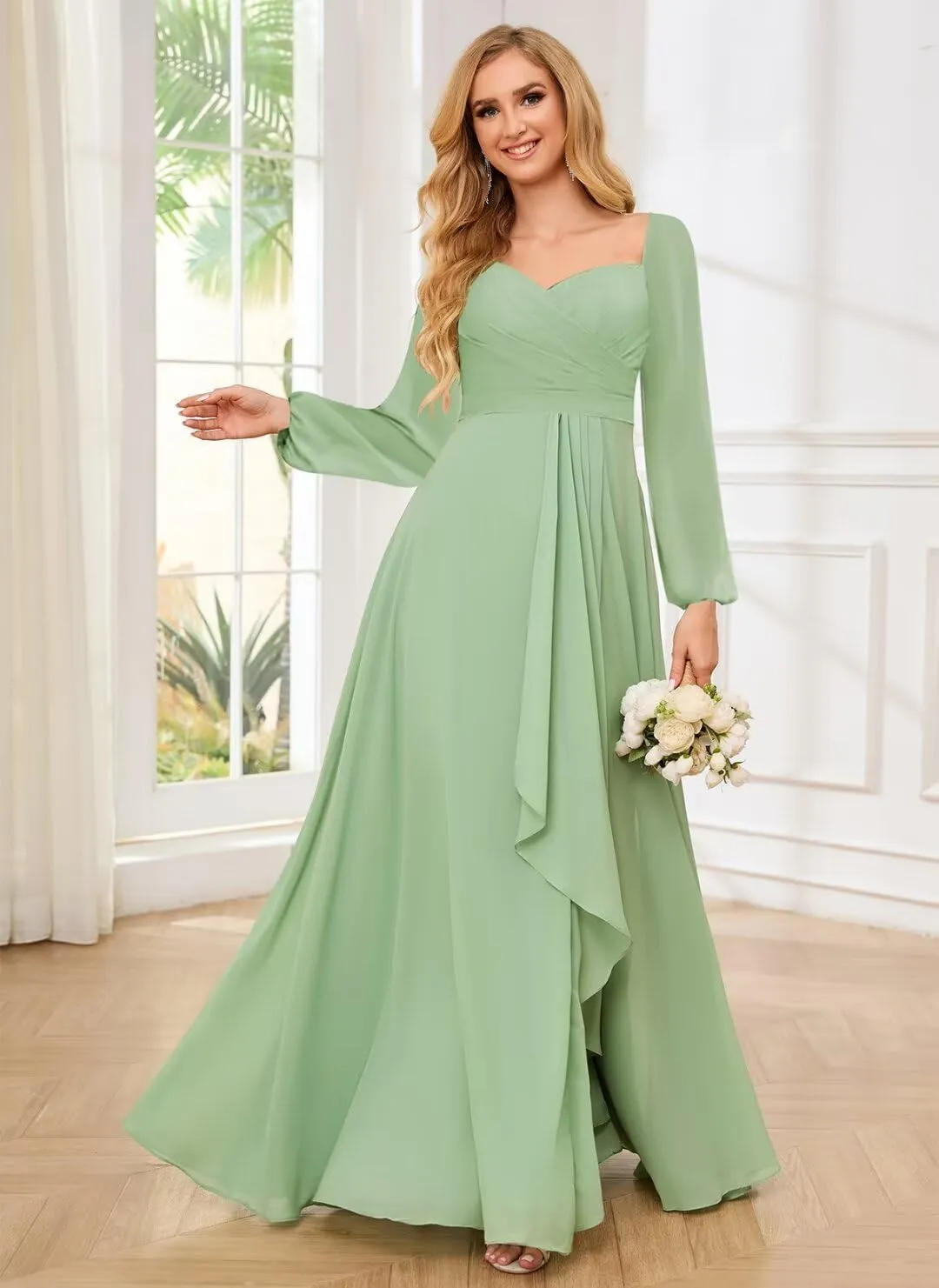 TORYEMY Chiffon Long Sleeve Bridesmaid Dresses with Slit Formal Evening Dresses for Wedding