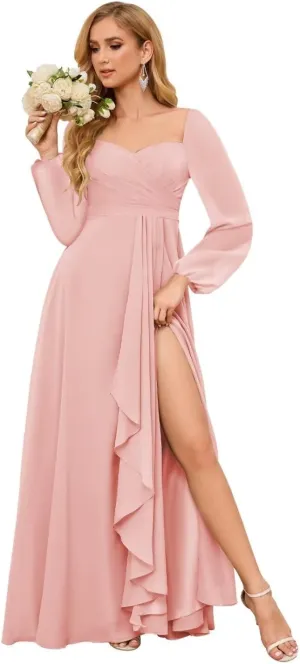 TORYEMY Chiffon Long Sleeve Bridesmaid Dresses with Slit Formal Evening Dresses for Wedding