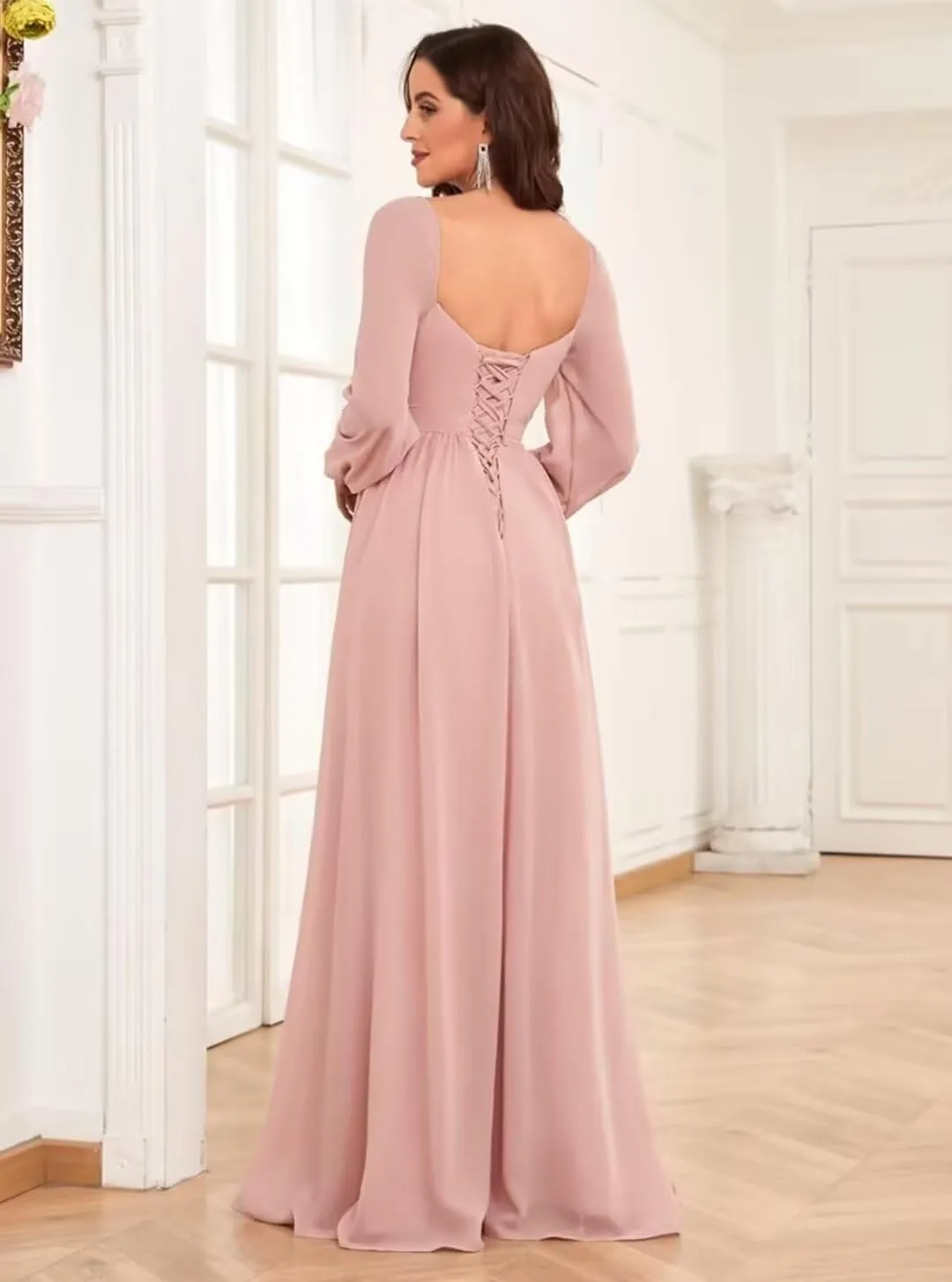 TORYEMY Chiffon Long Sleeve Bridesmaid Dresses with Slit Formal Evening Dresses for Wedding