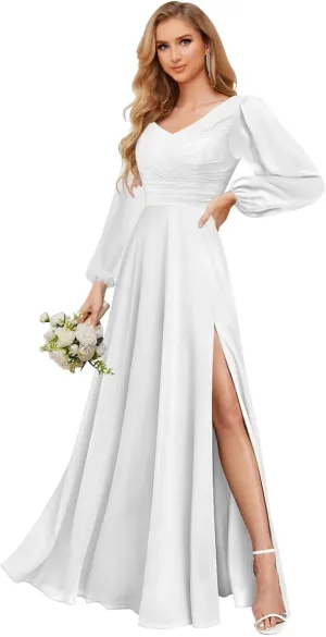 TORYEMY Long Sleeve Bridesmaid Dresses Chiffon V Neck Formal Evening Dresses with Slit for Wedding