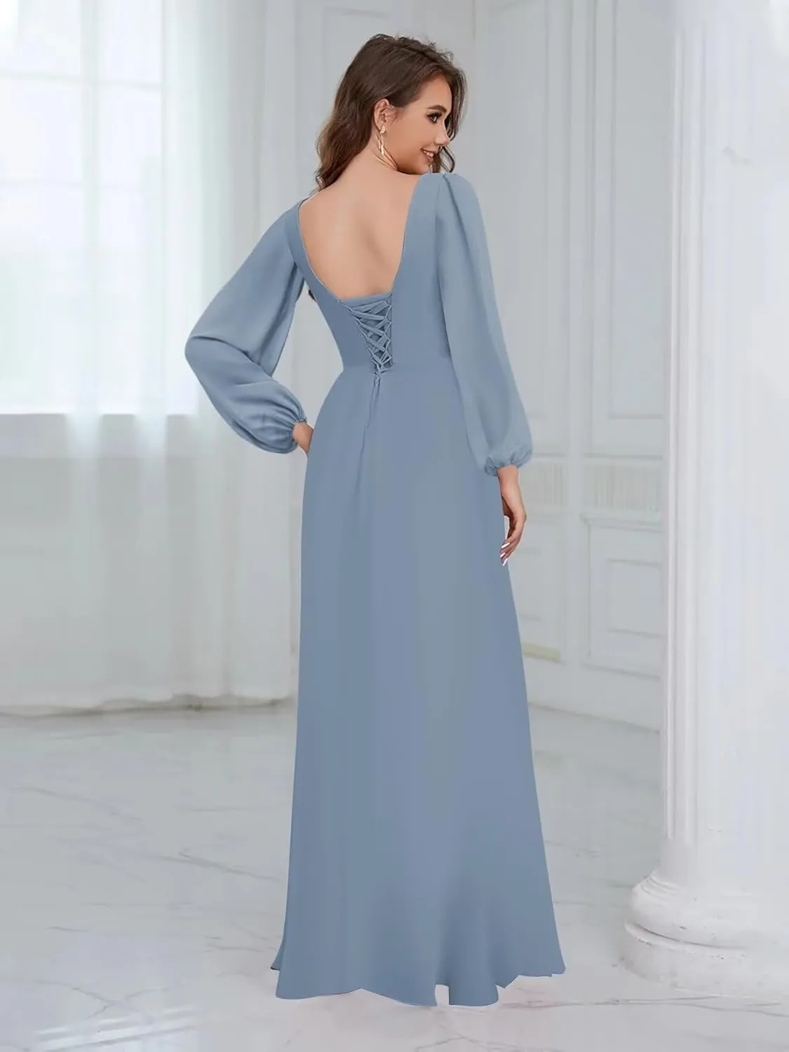 TORYEMY Long Sleeve Bridesmaid Dresses Chiffon V Neck Formal Evening Dresses with Slit for Wedding