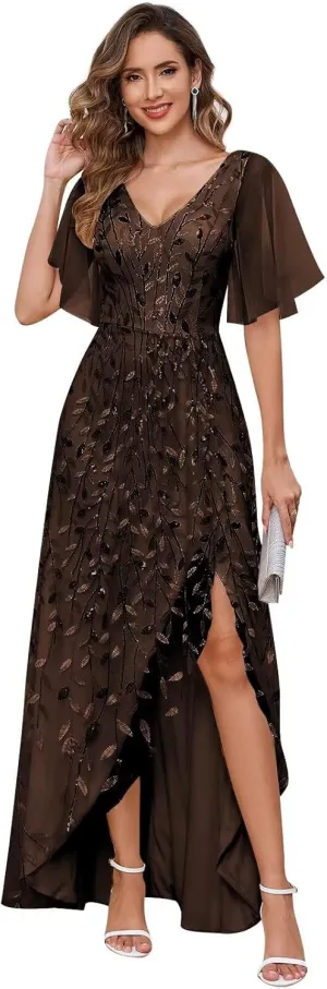 TORYEMY Sequin Mother of The Bride Dresses for Wedding V Neck Short Sleeve Tulle Formal Evening Dresses Long with Slit