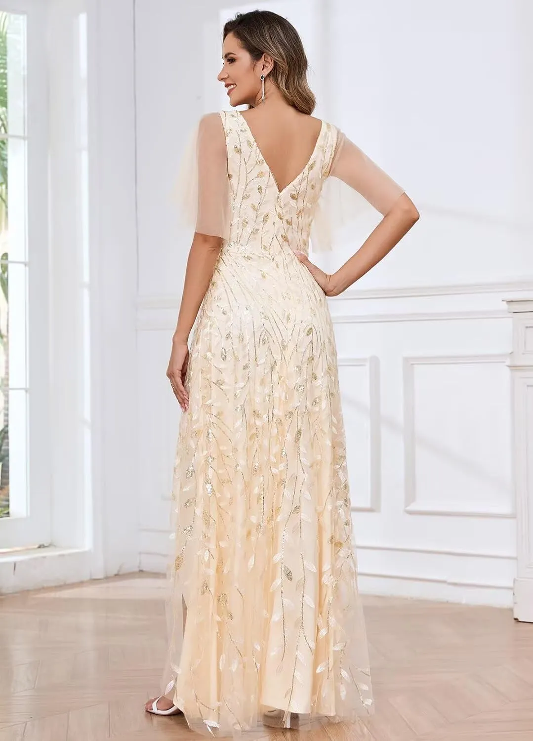 TORYEMY Sequin Mother of The Bride Dresses for Wedding V Neck Short Sleeve Tulle Formal Evening Dresses Long with Slit