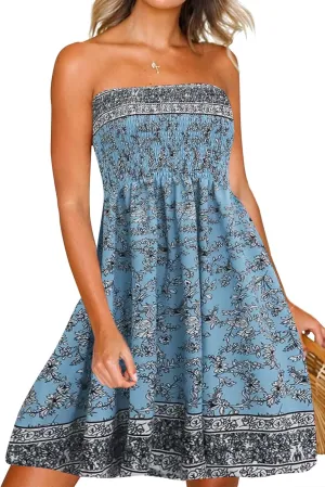 Tube Top Dress Boho Floral Summer Beach Csual Sun Dresses Strapless Dress for Women Red S