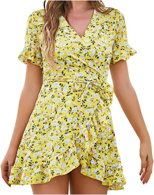 tuduoms Women's Girls Summer Ditsy Floral Mini Dress Wrap V Neck Short Sleeve Tulip Ruffle Hem Flowy Petite Cottagecore Dress