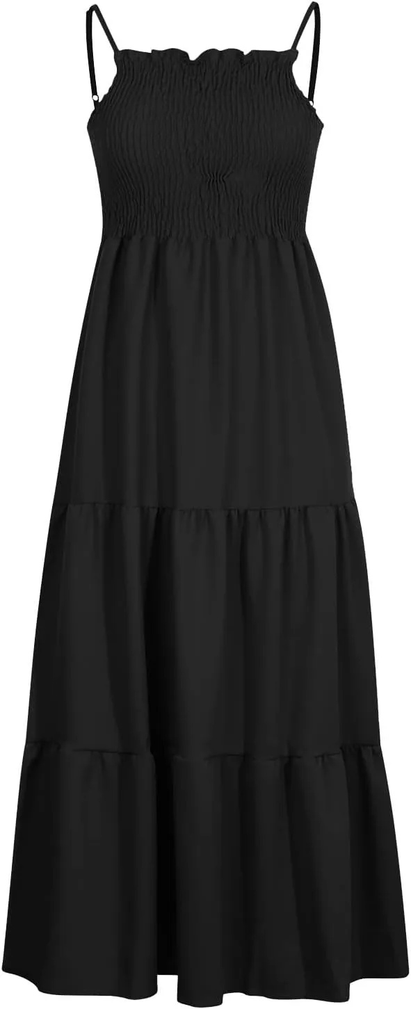 Tulle Dress Women Bohemian Spaghetti Strap Smocked Tiered Long Beach Sun Dresses Sleeveless Solid Maxi Dress