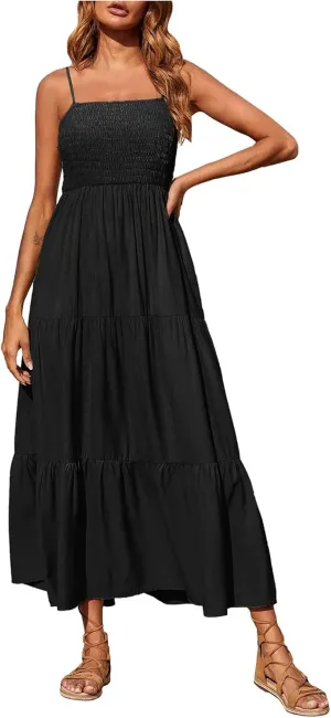 Tulle Dress Women Bohemian Spaghetti Strap Smocked Tiered Long Beach Sun Dresses Sleeveless Solid Maxi Dress
