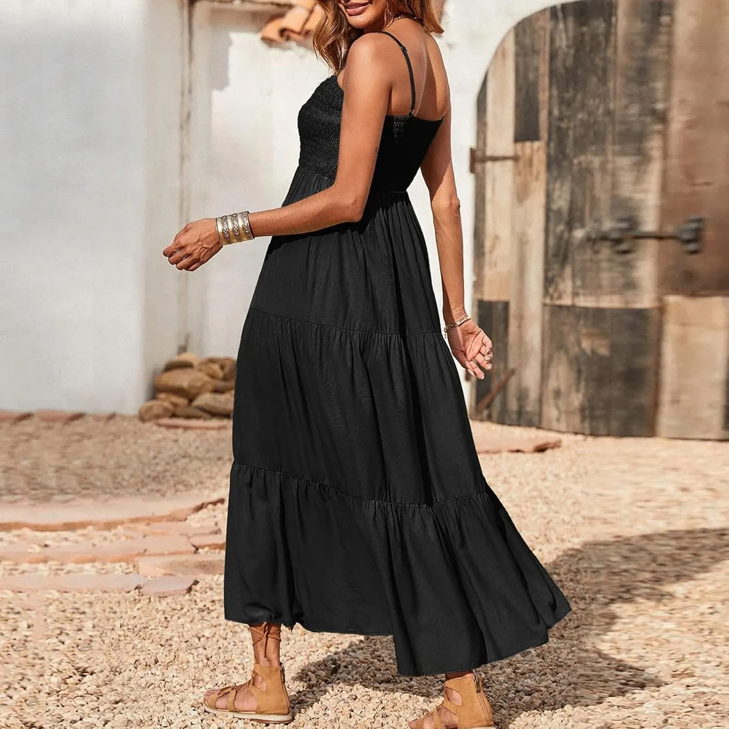 Tulle Dress Women Bohemian Spaghetti Strap Smocked Tiered Long Beach Sun Dresses Sleeveless Solid Maxi Dress