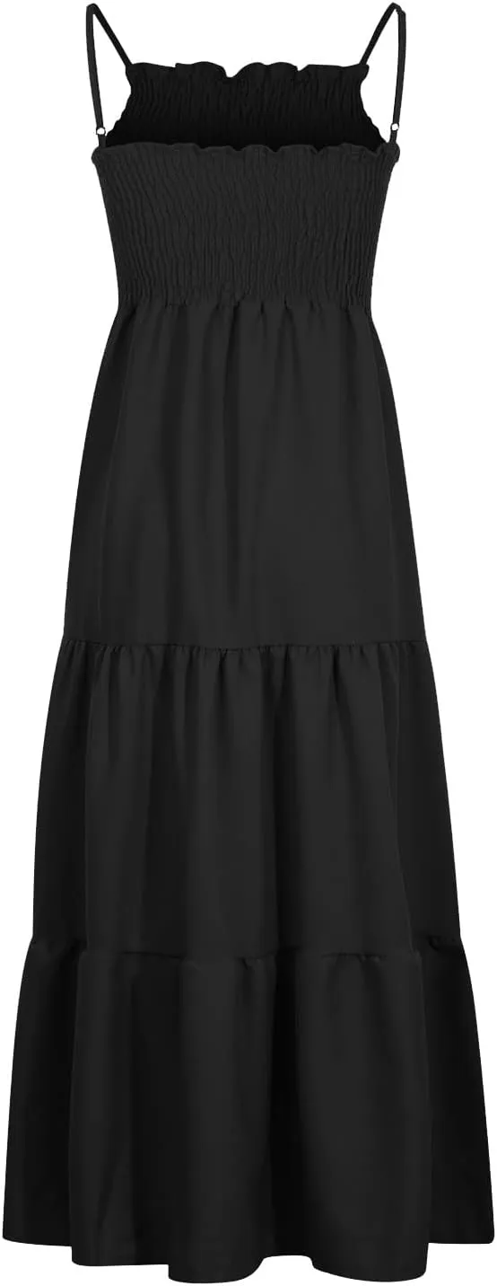 Tulle Dress Women Bohemian Spaghetti Strap Smocked Tiered Long Beach Sun Dresses Sleeveless Solid Maxi Dress