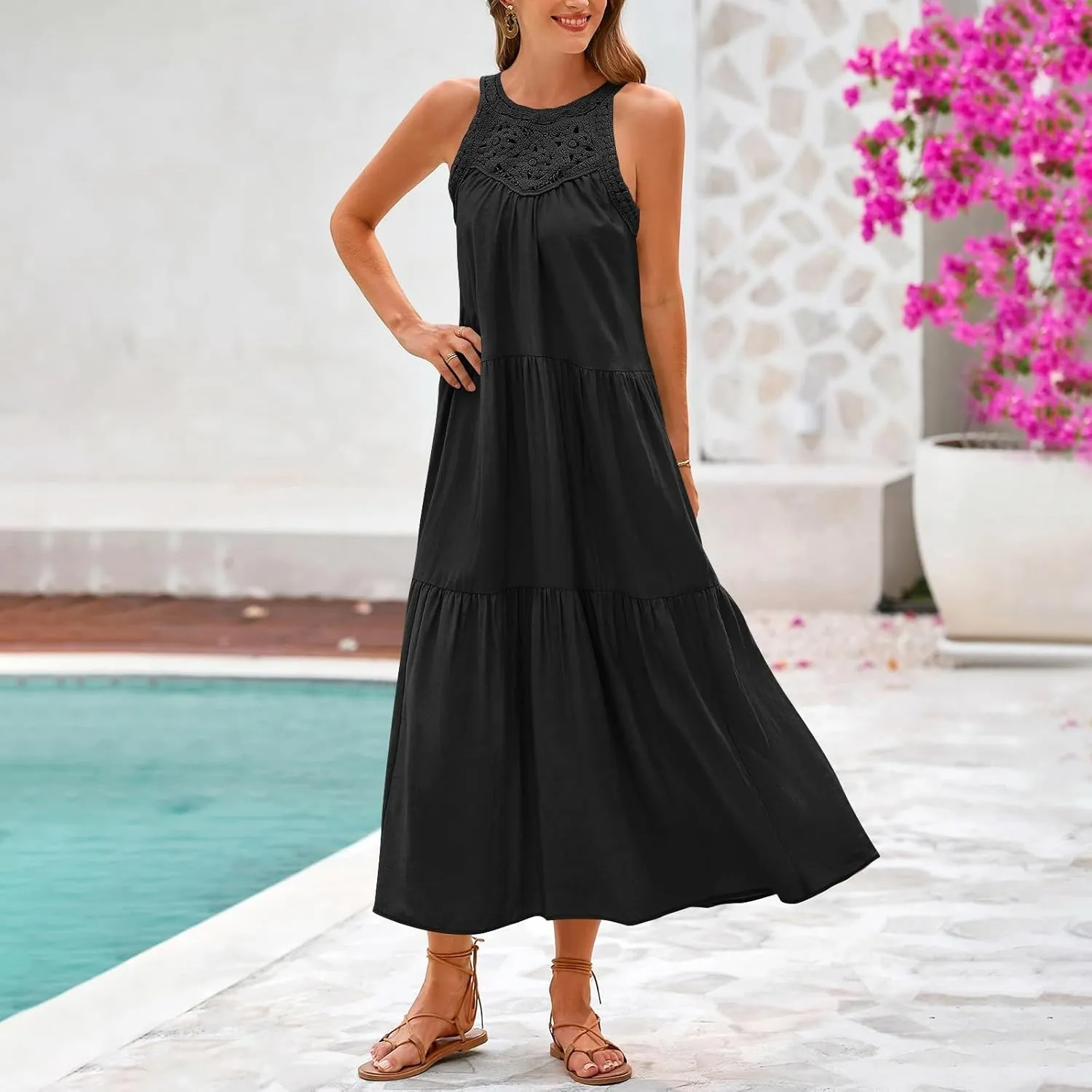 TUNUSKAT Womens Summer Long Vacation Dresses 2025 Crochet Halter Tiered Maxi Sundresses Loose Fit Flowy Boho Beach Sundresses