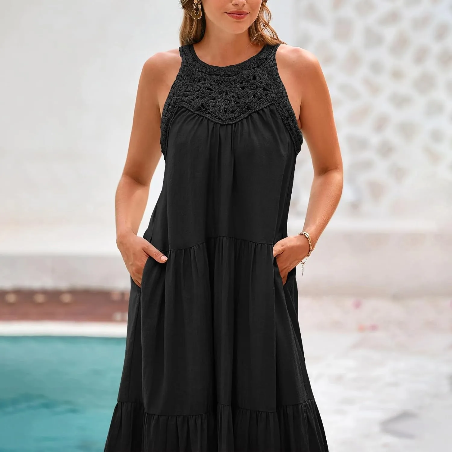 TUNUSKAT Womens Summer Long Vacation Dresses 2025 Crochet Halter Tiered Maxi Sundresses Loose Fit Flowy Boho Beach Sundresses
