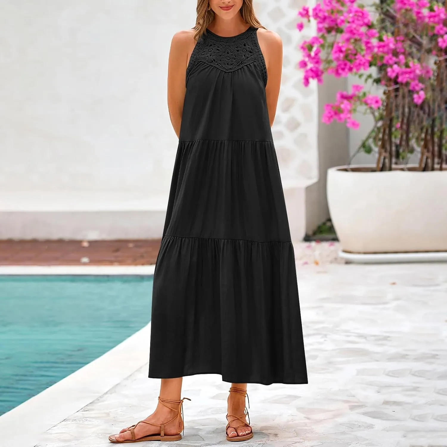 TUNUSKAT Womens Summer Long Vacation Dresses 2025 Crochet Halter Tiered Maxi Sundresses Loose Fit Flowy Boho Beach Sundresses