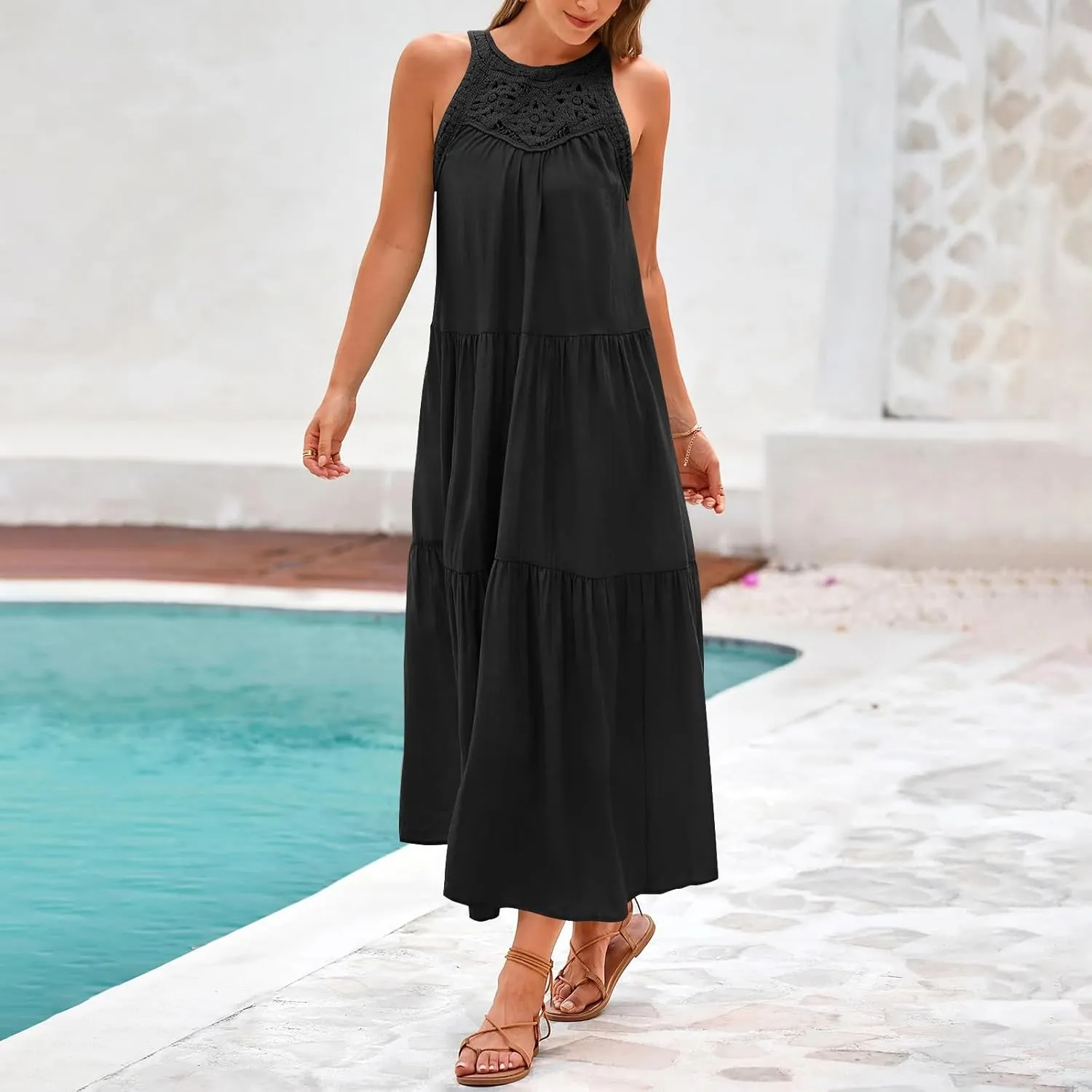 TUNUSKAT Womens Summer Long Vacation Dresses 2025 Crochet Halter Tiered Maxi Sundresses Loose Fit Flowy Boho Beach Sundresses