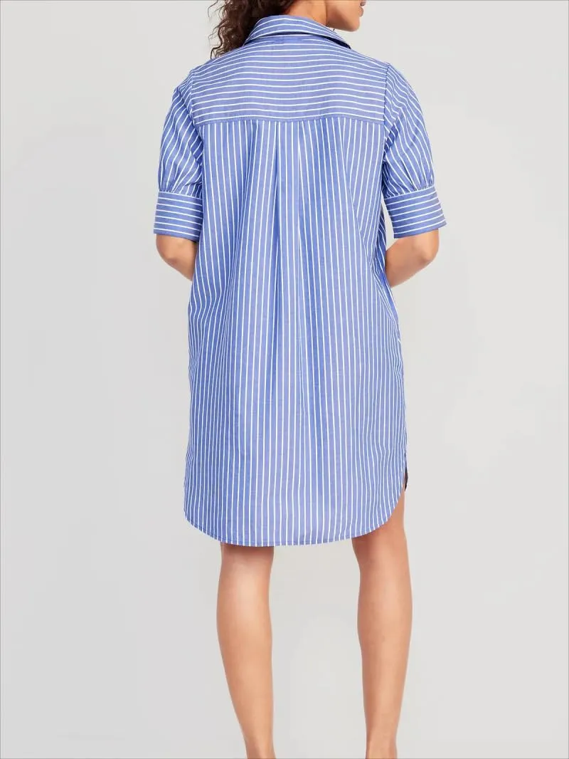 utcoco Women Striped Short Sleeve Shirt Dress Casual Loose Fit Button Down Mini Dress with Pockets
