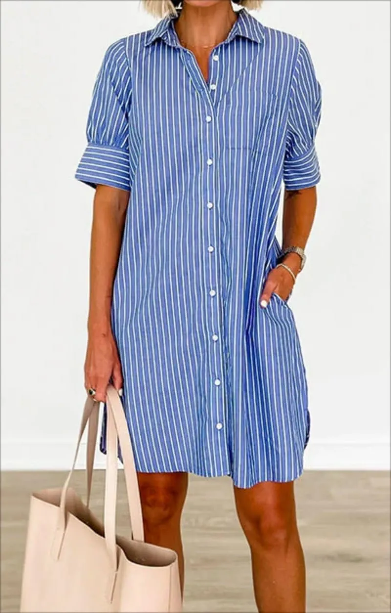 utcoco Women Striped Short Sleeve Shirt Dress Casual Loose Fit Button Down Mini Dress with Pockets