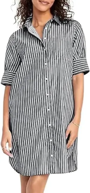 utcoco Women Striped Short Sleeve Shirt Dress Casual Loose Fit Button Down Mini Dress with Pockets