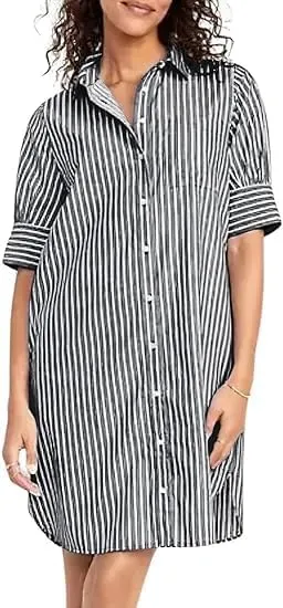 utcoco Women Striped Short Sleeve Shirt Dress Casual Loose Fit Button Down Mini Dress with Pockets