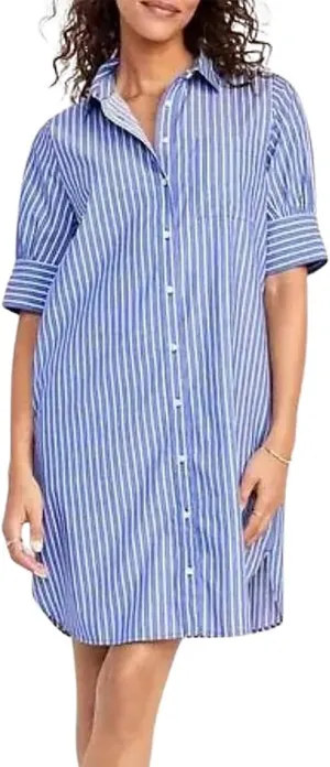 utcoco Women Striped Short Sleeve Shirt Dress Casual Loose Fit Button Down Mini Dress with Pockets