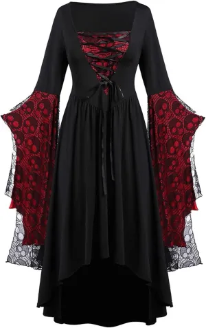 Vacation Halloween Dresses for Women Sleeve V Neck Lace Skull Midi Vintage Goth Thermal Fuzzy Dresses Women