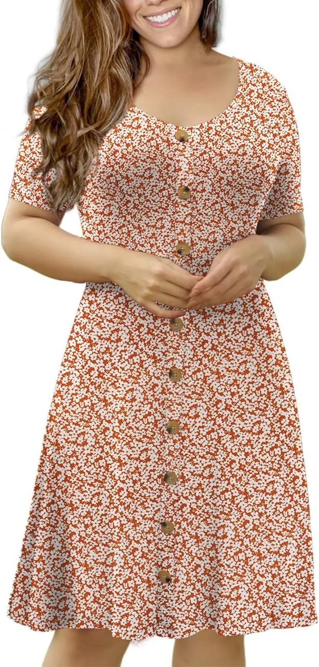 VOIANLIMO Womens Summer Plus Size Short Sleeve Button Down Causal Dress