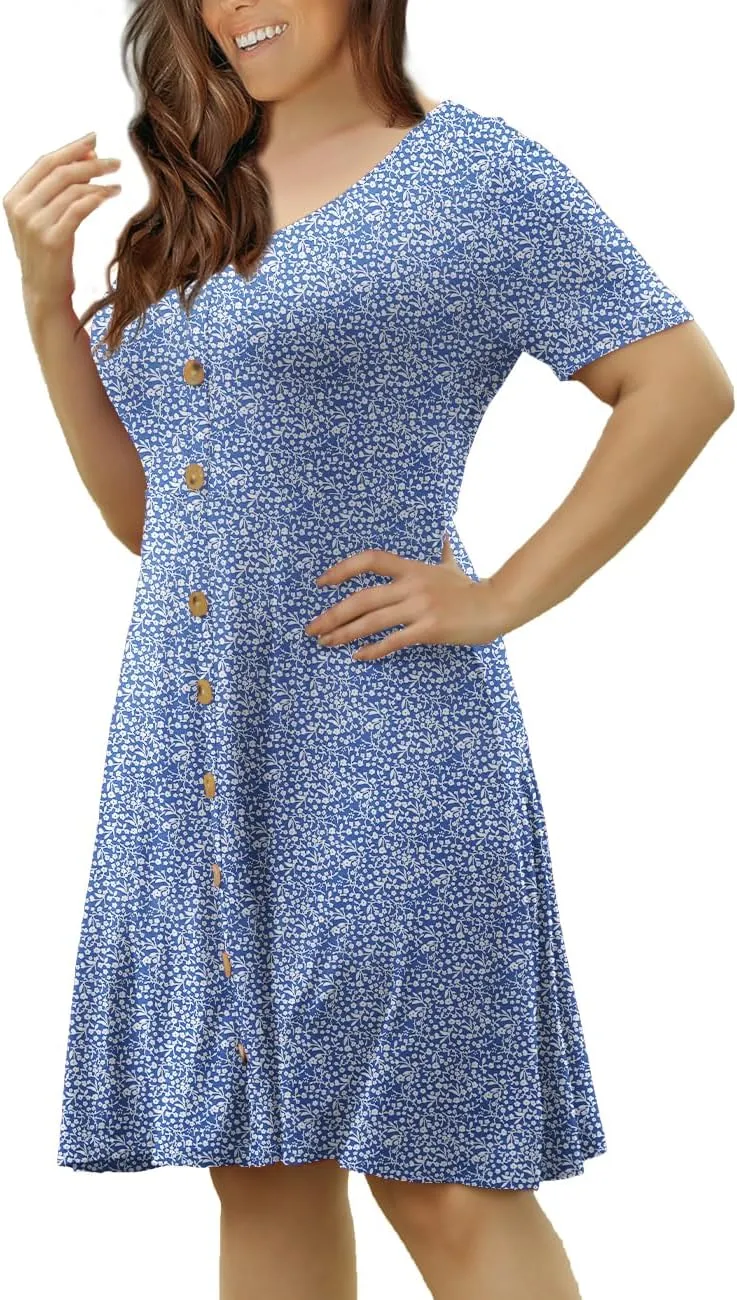 VOIANLIMO Womens Summer Plus Size Short Sleeve Button Down Causal Dress