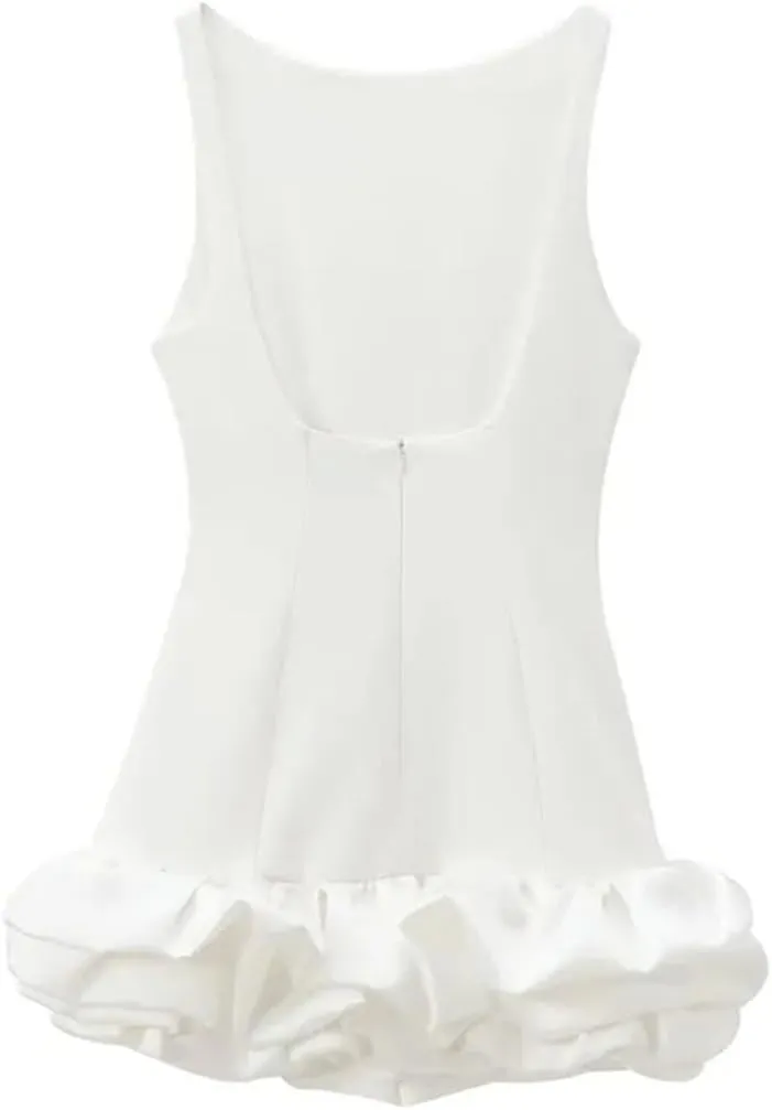 Vsadsau Women's Sleeveless Backless Dress Crewneck Ruffle Layered Slim Party Mini Dresses