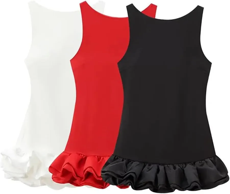 Vsadsau Women's Sleeveless Backless Dress Crewneck Ruffle Layered Slim Party Mini Dresses