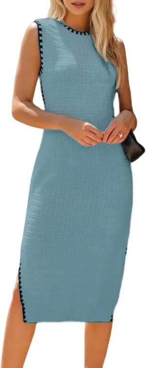 Watashi Womens Sleeveless Summer Dress Contrast Crew Neck Sundress Hollow Out Side Slit Bodycon Knit Long Tank Dresses