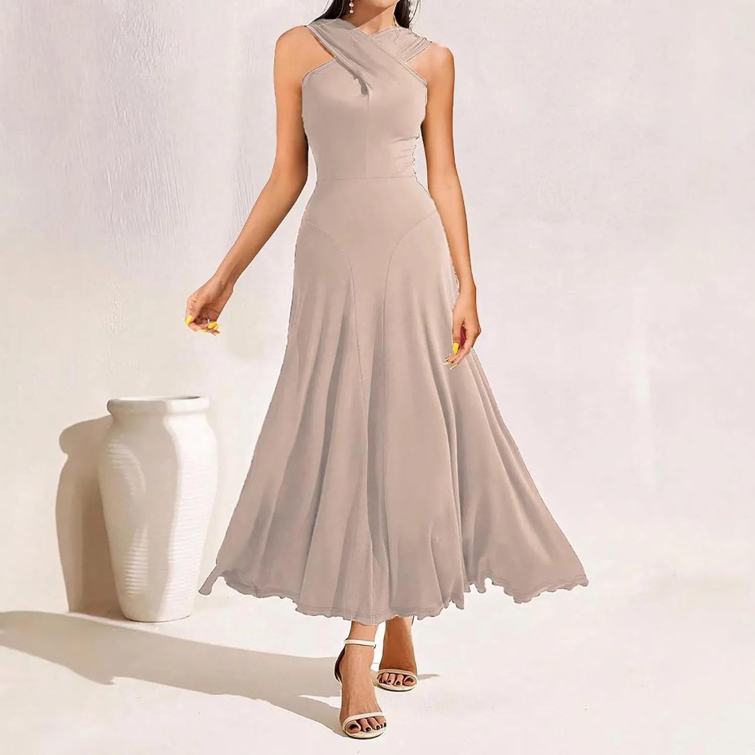 Wedding Guest Dresses for Women Sexy Cross Wrap Maxi Dress Ladies Evening Prom Dress Cocktail Long Gown Ruffle Hem
