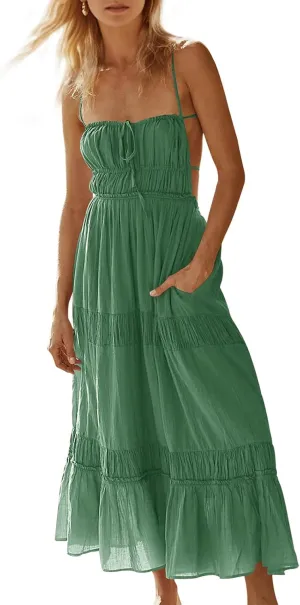 Wenrine Womens Summer Beach Dresses Backless Spaghetti Straps Self Tie Tiered Flowy Casual Maxi Dress with Pockets