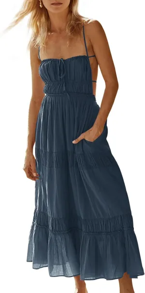 Wenrine Womens Summer Beach Dresses Backless Spaghetti Straps Self Tie Tiered Flowy Casual Maxi Dress with Pockets