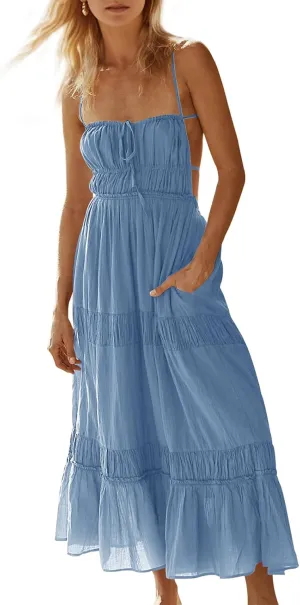 Wenrine Womens Summer Beach Dresses Backless Spaghetti Straps Self Tie Tiered Flowy Casual Maxi Dress with Pockets