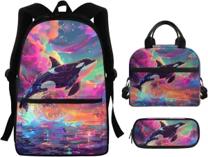 Whales Print Backpack Set for Boys 4-7 Toddler Backpack Multi-functional Bookbag with Handle Straps Thermal Meal Bag Pen Case for Travel Hiking Camping Picnic