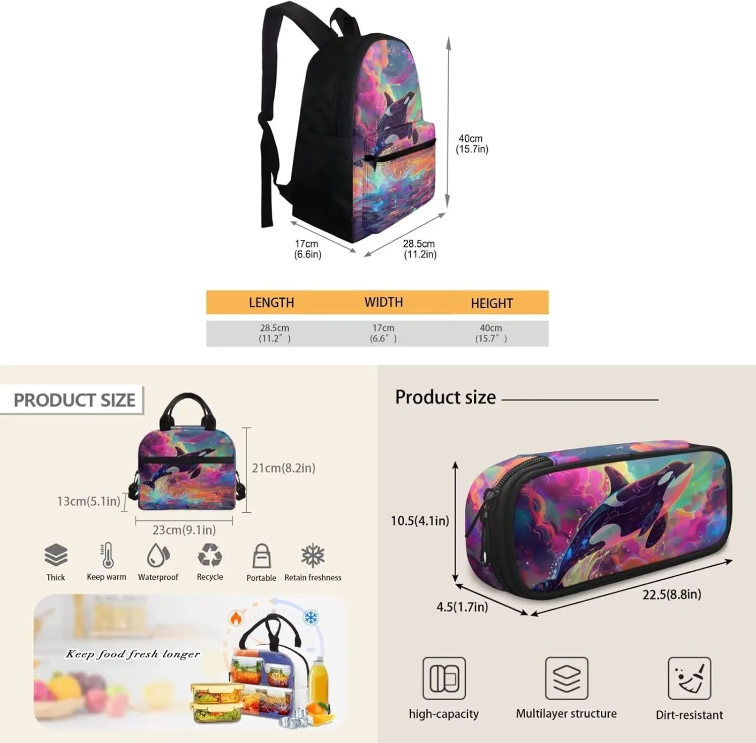 Whales Print Backpack Set for Boys 4-7 Toddler Backpack Multi-functional Bookbag with Handle Straps Thermal Meal Bag Pen Case for Travel Hiking Camping Picnic