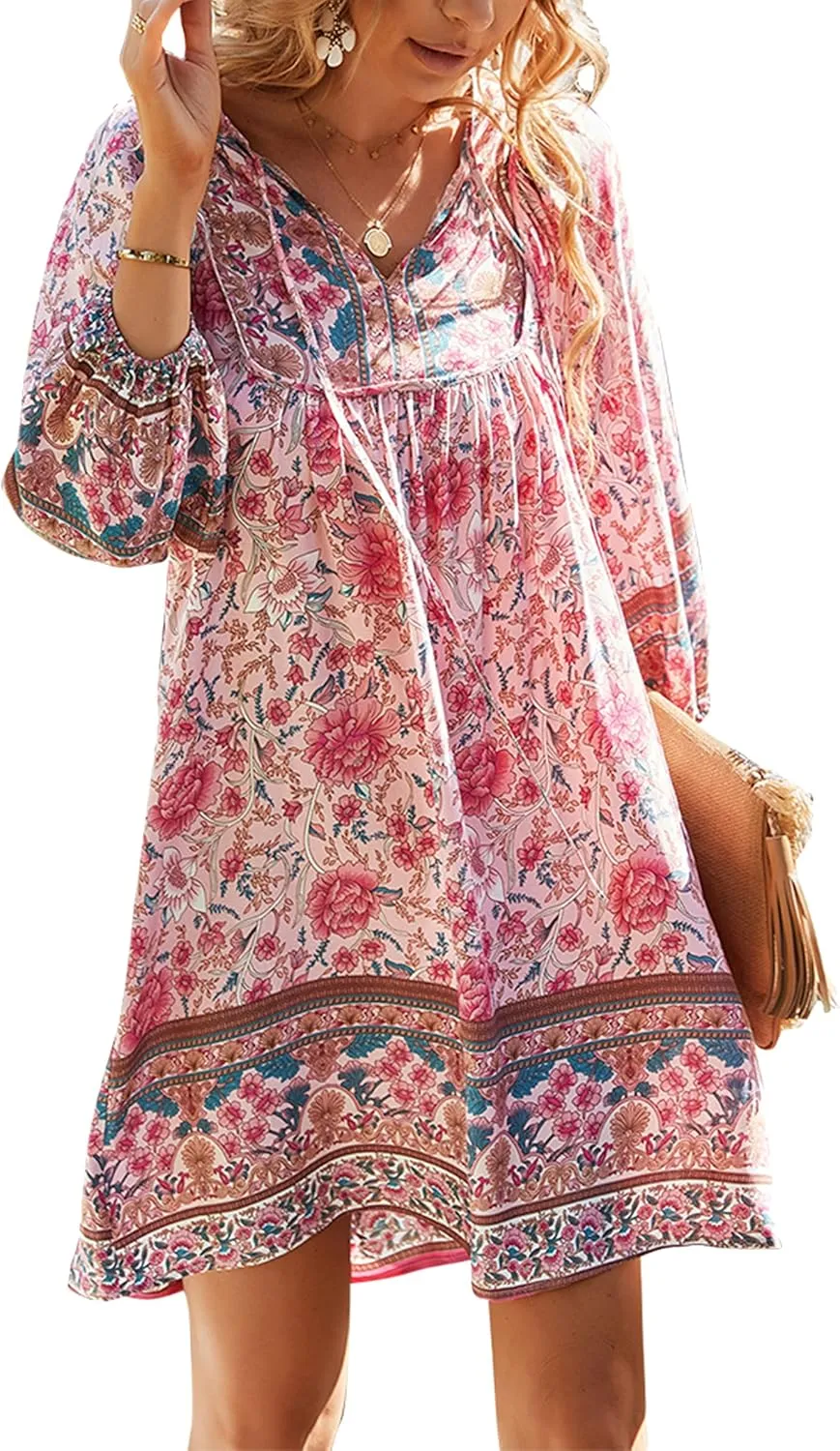 WIWIQS Womens Bohemian Neck Tie Vintage Printed Ethnic Style Summer Casual Beach Dress