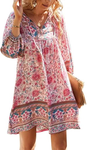 WIWIQS Womens Bohemian Neck Tie Vintage Printed Ethnic Style Summer Casual Beach Dress