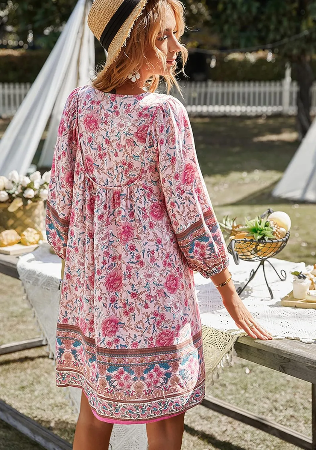 WIWIQS Womens Bohemian Neck Tie Vintage Printed Ethnic Style Summer Casual Beach Dress