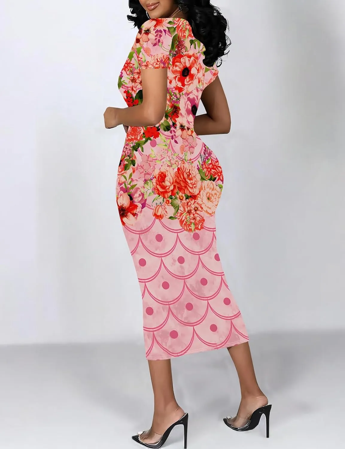 WOKANSE Stylish Dresses for Women Plus Size Sexy Crewneck Short Sleeve 3D Printed Bodycon Midi Dress