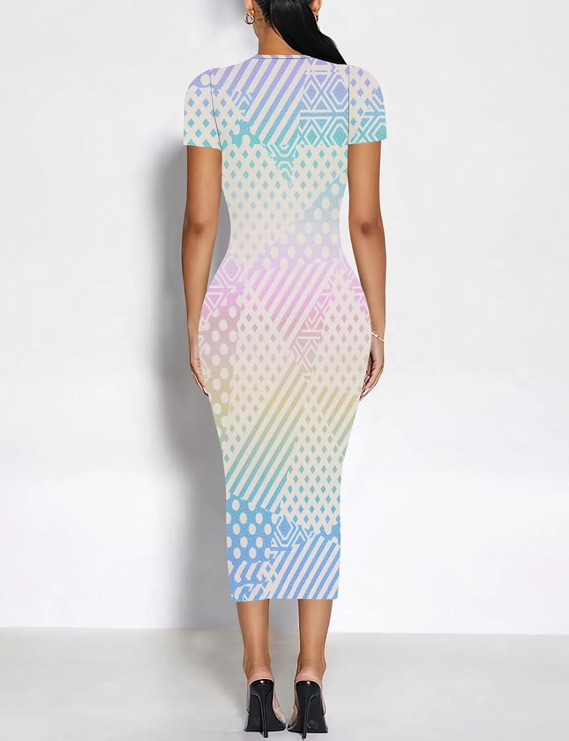 WOKANSE Stylish Dresses for Women Plus Size Sexy Crewneck Short Sleeve 3D Printed Bodycon Midi Dress