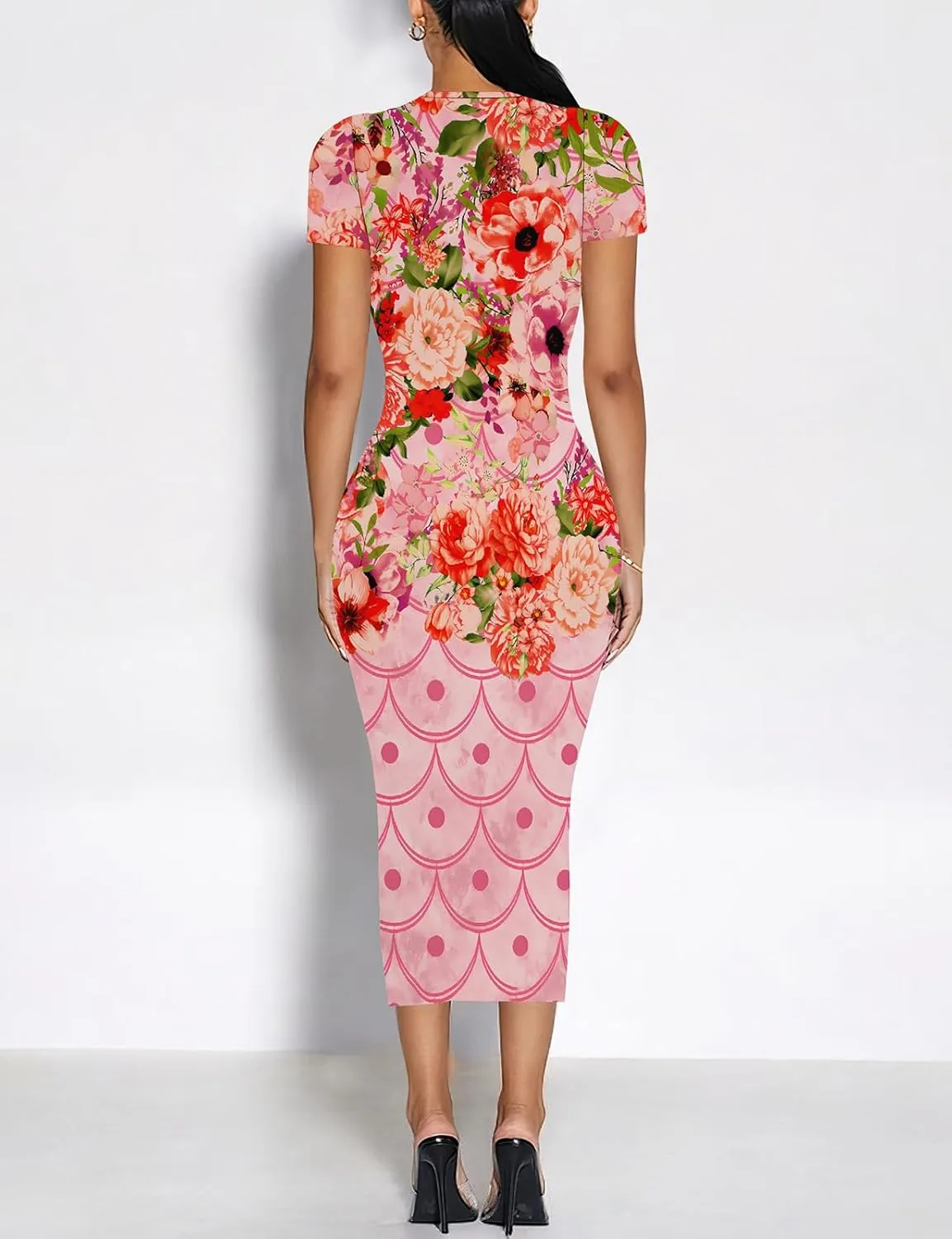 WOKANSE Stylish Dresses for Women Plus Size Sexy Crewneck Short Sleeve 3D Printed Bodycon Midi Dress
