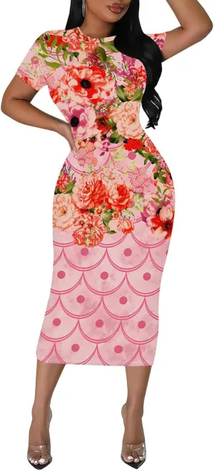 WOKANSE Stylish Dresses for Women Plus Size Sexy Crewneck Short Sleeve 3D Printed Bodycon Midi Dress
