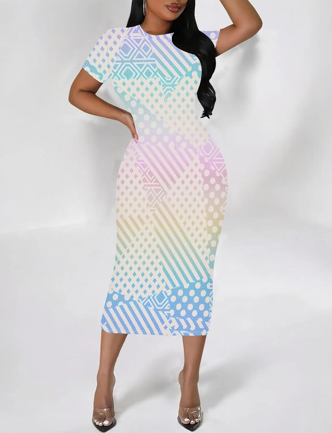 WOKANSE Stylish Dresses for Women Plus Size Sexy Crewneck Short Sleeve 3D Printed Bodycon Midi Dress