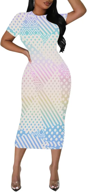 WOKANSE Stylish Dresses for Women Plus Size Sexy Crewneck Short Sleeve 3D Printed Bodycon Midi Dress