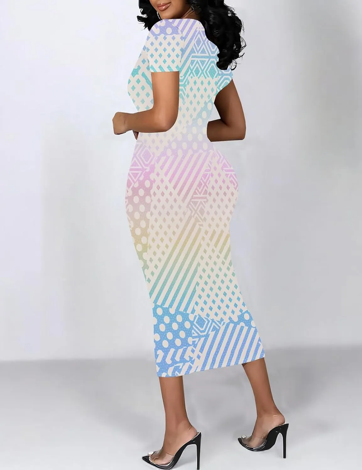 WOKANSE Stylish Dresses for Women Plus Size Sexy Crewneck Short Sleeve 3D Printed Bodycon Midi Dress